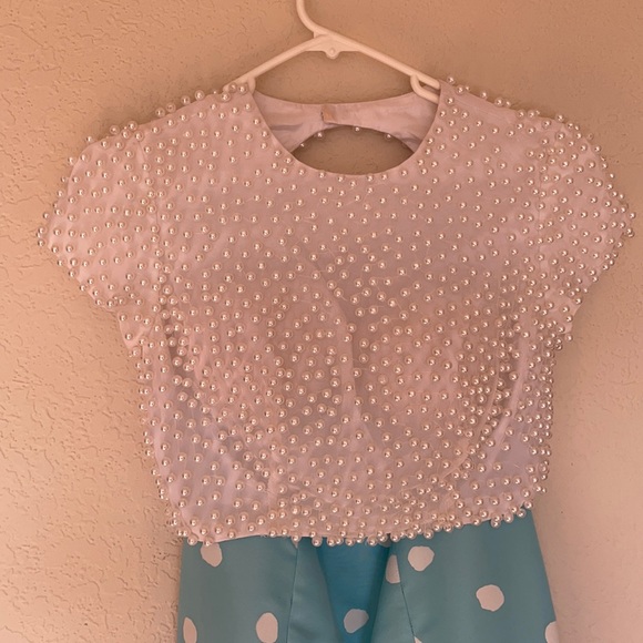 SHERRI HILL BLUE POLKADOT DRESS PEARL TOP - Picture 2 of 13